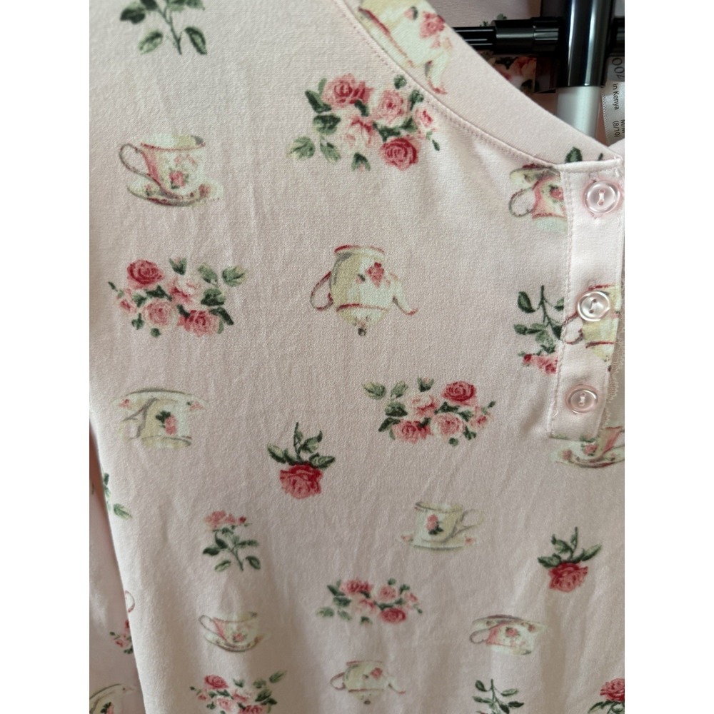 Flora Nikrooz Pajama Set Women's M Pink Tea Cup Rose Print Knit Sleepwear - Picture 2 of 7